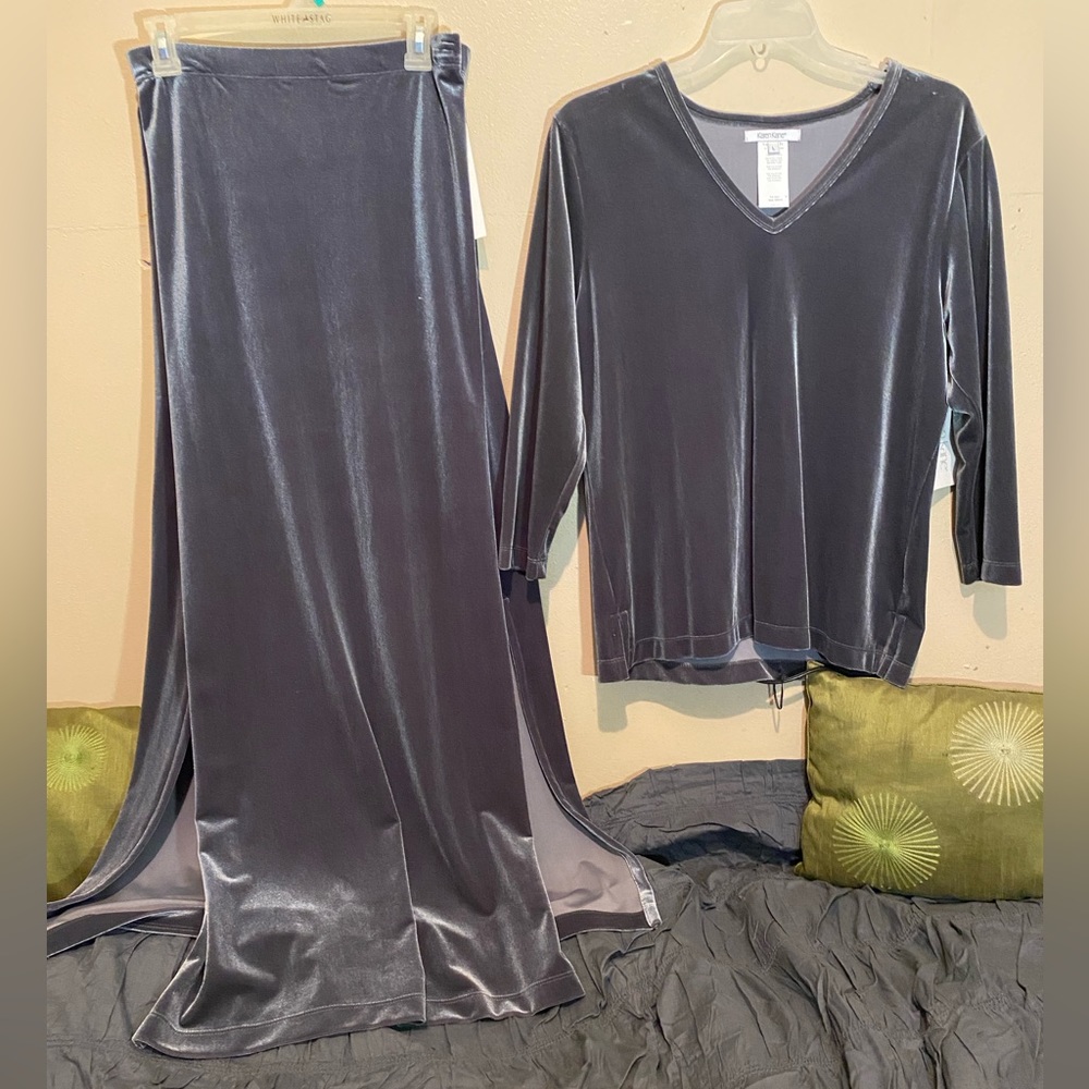 Two Piece Long Sleeve Dark Grey Silk Shirt & Split Skirt Bottom.